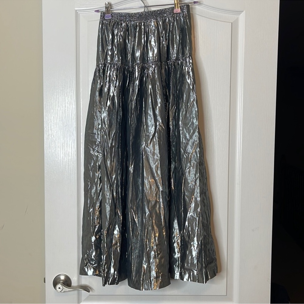 Vintage Good Legs Silver Lame Metallic Long Skirt Medium
